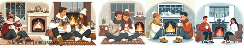couples warm together by the fire and warm drinks