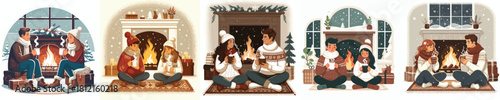 couples warm together by the fire and warm drinks