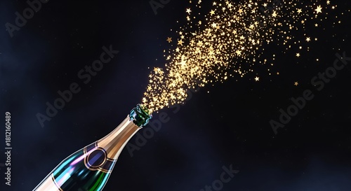 Elegant champagne bottle bursting with golden stars for festive celebrations