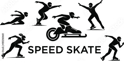 Speed skating silhouettes, dynamic poses, ice sport power, athletic motion, skate and wheel graphic, winter competition, bold design, fast movement