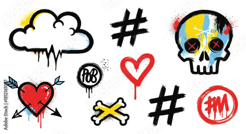 Graffiti style vector art with skull, heart, cloud, hashtags, bones, and circles.