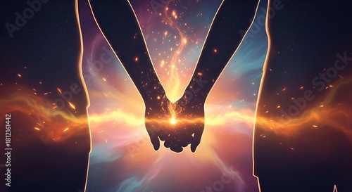 Cosmic Connection: Couple holding hands against a vibrant space background
