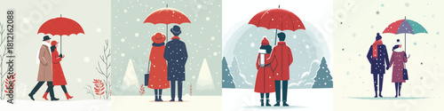 couple walking with umbrellas under falling snow