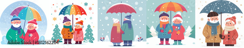 old couple walking with umbrellas under falling snow