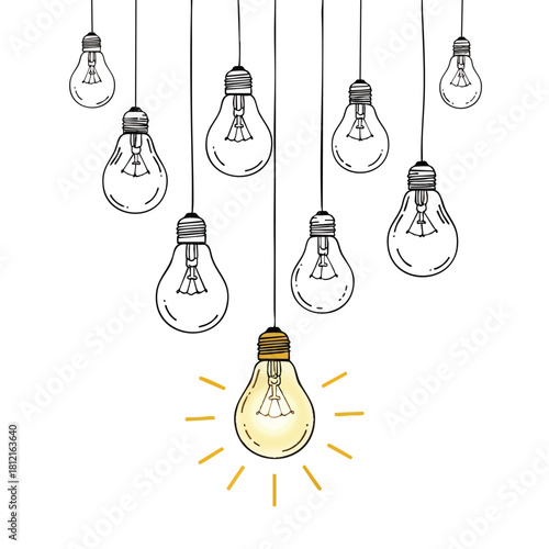 Group of Hanging Incandescent Light Bulbs One Illuminated.