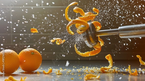 Orange zest curl rotating air citrus reamer vortex vibrant peels motion blur effects culinary preparation dynamics stainless steel kitchen tool fresh oranges modern counter