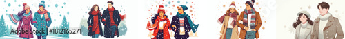 vector of half body couple walking together on a snowy road