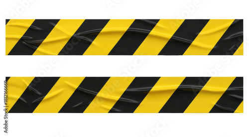 Strips of wrinkled yellow and black striped caution tape for restricted areas isolated on transparent white background 