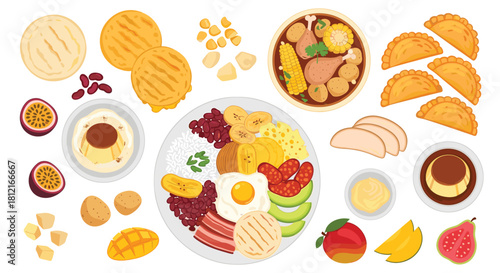 Colorful Colombian Cuisine Illustration: Bandeja Paisa, Ajiaco Soup, Arepas, Empanadas, Passion Fruit, and Flan for Culinary Art Prints