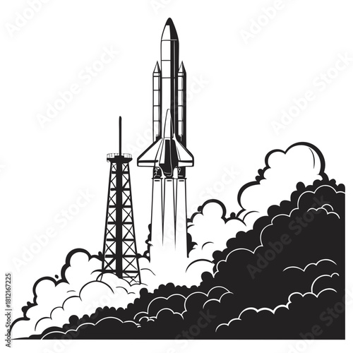 Ascension to the Cosmos: A towering spacecraft ascends from its launchpad, propelled by plumes of fire and smoke into the inky expanse.
