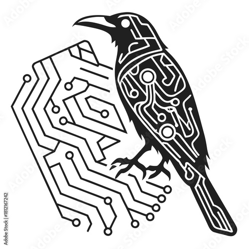Digital Raven: A conceptual, minimalistic illustration depicts a raven merging with a circuit board, symbolizing intelligence and technological integration.