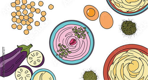 Creative Flat Lay of Middle Eastern Cuisine with Hummus, Baba Ghanoush, Chickpeas, Eggs and Za'atar on a White Background