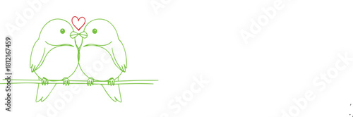 Two adorable birds perched on a branch, sharing a sweet moment under a pink heart.