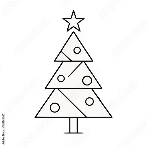 Stylized geometric Christmas tree of stacked triangles with ornaments and star. Clean black outlines on white evoke modern holiday charm and simplicity