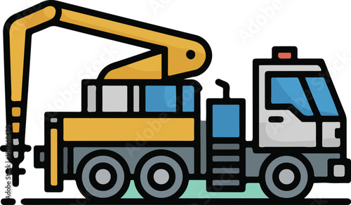 Heavy machinery vector illustration showing an excavator loading a dump truck for construction work.