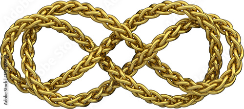 Two Gold Wheat Links Chains Woven into Infinity Sign. Golden Double Braided Symbol of Eternal Strength, Success and Elegance. 3D isolated illustration