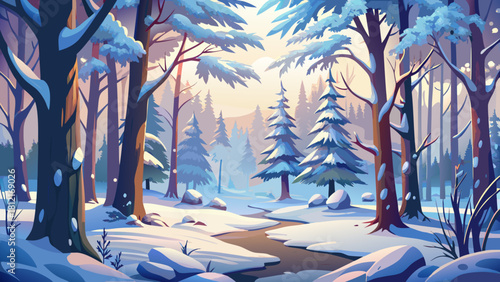 Very beautiful serene forest scene blanketed by fresh snow, with frosted branches, soft winter light, and a peaceful atmosphere stretching across a quiet woodland landscape.