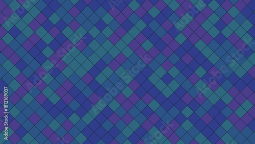 Geometric pattern of interlocking blue and purple diamonds creating a vibrant, abstract backdrop.