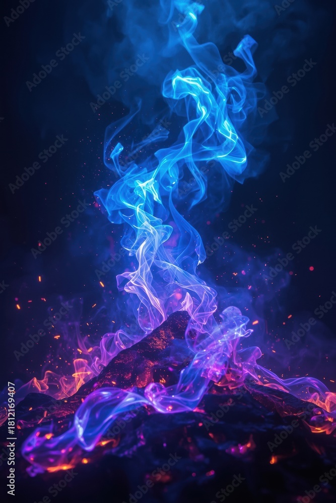 Fototapeta premium Abstract swirling blue and purple smoke with glowing embers