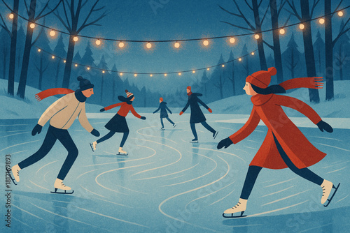 Festive winter illustration of people ice skating on a frozen pond under string lights. Snow-covered trees, cozy clothing, and dusky sky evoke joy, serenity, and seasonal community celebration.