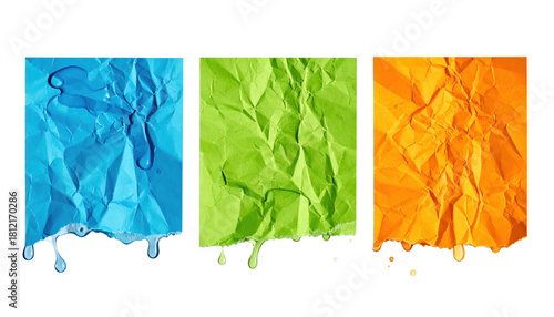Color Paper with Water: Vibrant trio of textured paper sheets, each boasting a distinct hue, adorned with delicate water droplets, creating an artistic blend of color and form.