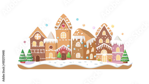 A gingerbread city with candy roads, cookie buildings, and sugar snow