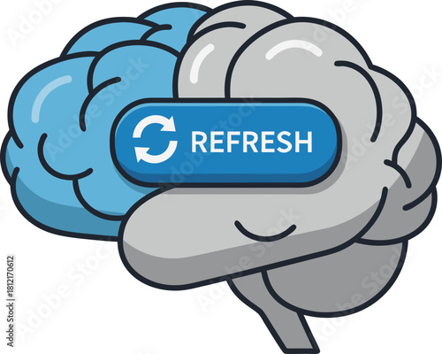 An image of a brain with a "Refresh" button. The concept of the "eternal student" and the "race for retraining", symbolizing the constant updating of knowledge and the need to reboot the mind.