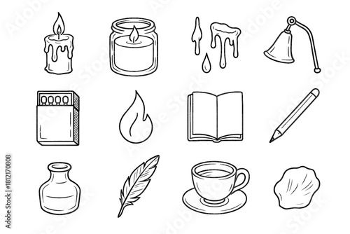 Silhouette pencil jar snuffer inkwell set icon candlelight quill sketchbook candle vector