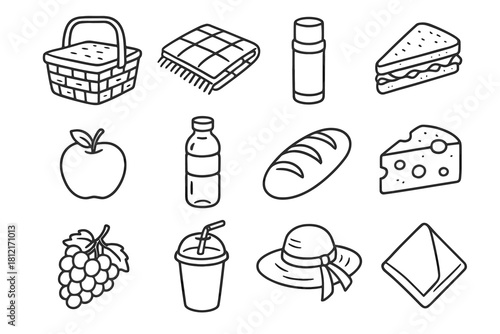 Basket sun apple hat thermos grapes set picnic vector bread icon slice