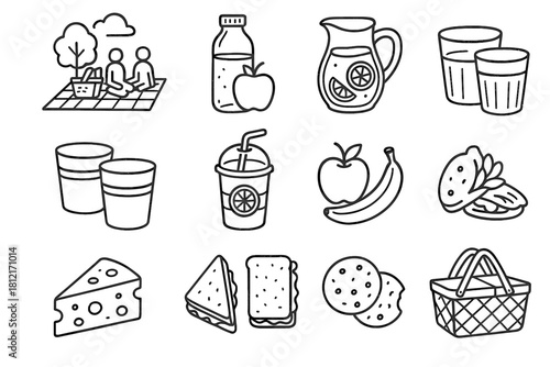 Vector snacks juice sketch icons drawing icon family picnic setup cups grid