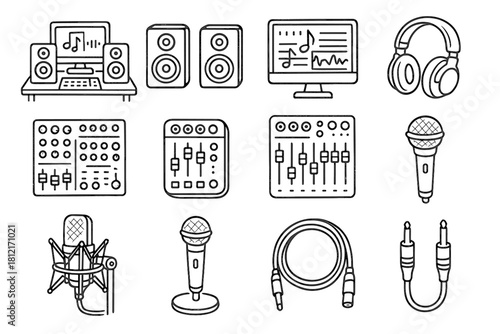 Rough mic studio setup icons cables artistic mixer vector recording music icon