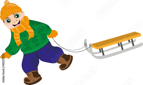 Boy with a sled winter cold hat scarf vector