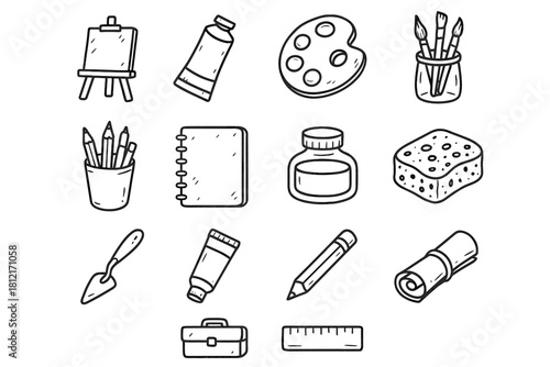 Icon collection tools workspace doodle pot roll sketch icons artistic ink vector