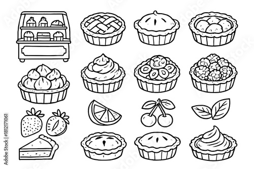Counter rough icons bakery fruit dessert pies vector handdrawn grid toppings tarts
