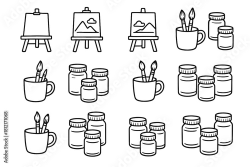 Jars paint setup workspace vector art artistic drawing corner icons cup easel
