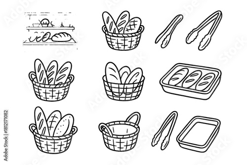Ink tray tongs dough bakery scene vector bread counter icon basket set