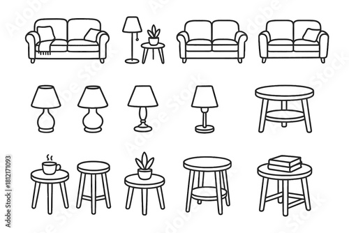 Vector couch lamp icons table living icon small interior setup cozy room