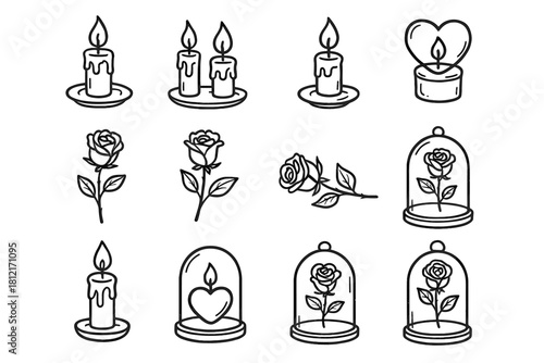Candle mood set doodle vector icon ink romantic rose glass dome