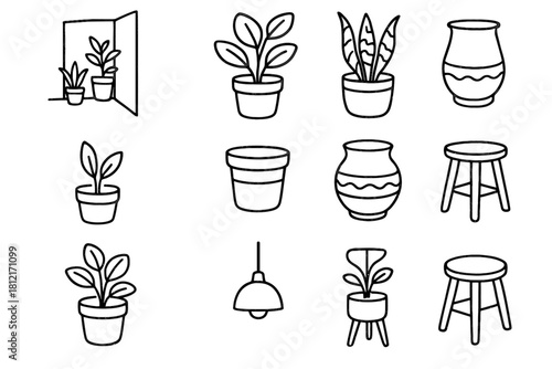 Minimalist pots plant lamp icon stool vector ink icons corner two