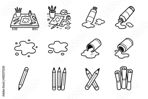 Vector art rolls messy spilled table creative set paper pencils paint icon