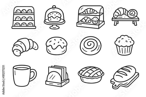 Cozy mug napkin display set icon cafe doodle vector bakery holder pastries