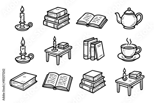 Tea collection old vector kettle icons table books book sketch pencil icon