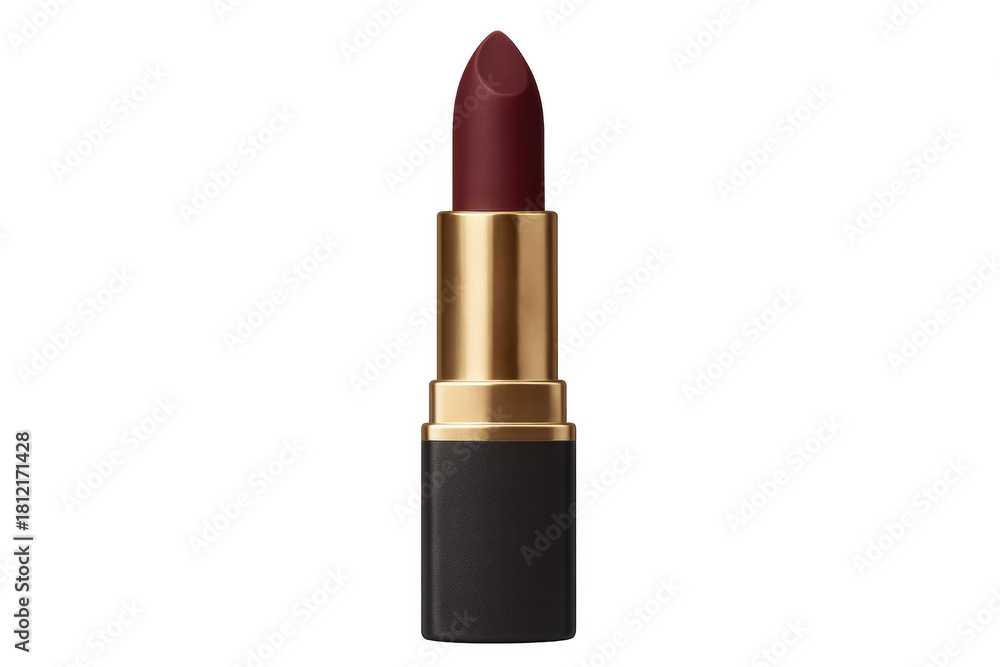 Fototapeta premium Dark red matte lipstick in a golden and black tube, standing upright on a transparent background, depicting beauty and elegance
