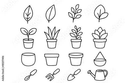 Plant pots vector tools icons watering leaves set icon minimalist doodles