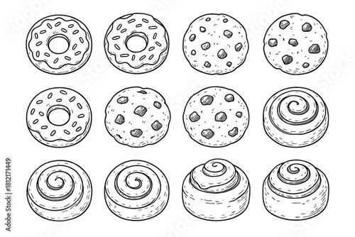 Donuts pencil bakery icon treats sweet set cookies vector cinnamon sketch rolls