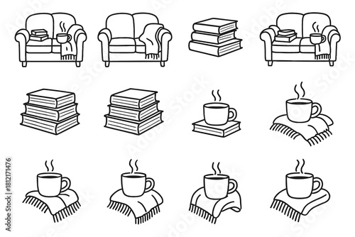 Books vector doodle icons sketch steaming icon reading sofa cup handdrawn cozy