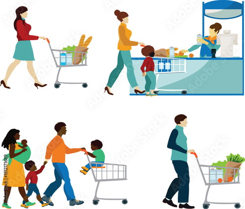 Families and Individuals Grocery Shopping Scenes