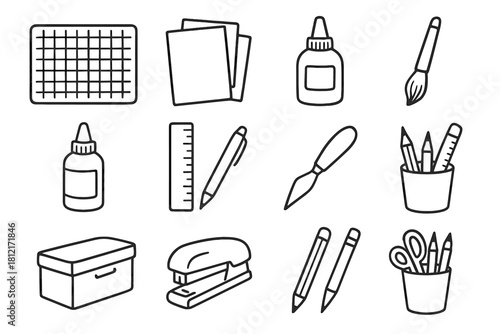 Stapler box table vector scissors paper essentials glue craft knife sheets icon