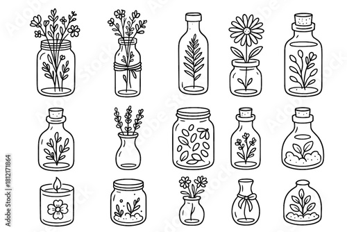 Icons flowers glass jar sprig wildflower meadow vase small icon bottle vector