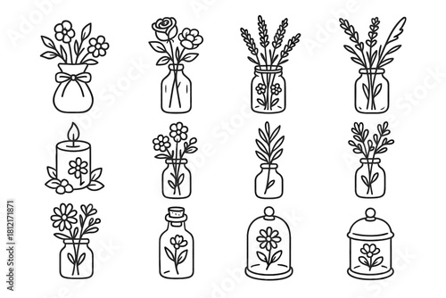 Small vector glass icon decorative vase bottle jar sprig lid cork flower